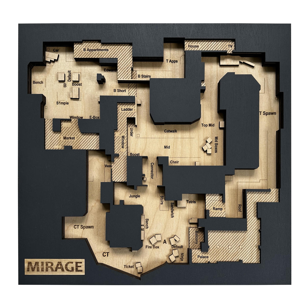 Counter-Strike 2 - 3D Wooden Map "Mirage" for Gamers CS2, Gaming Room Art, Gamer Gift