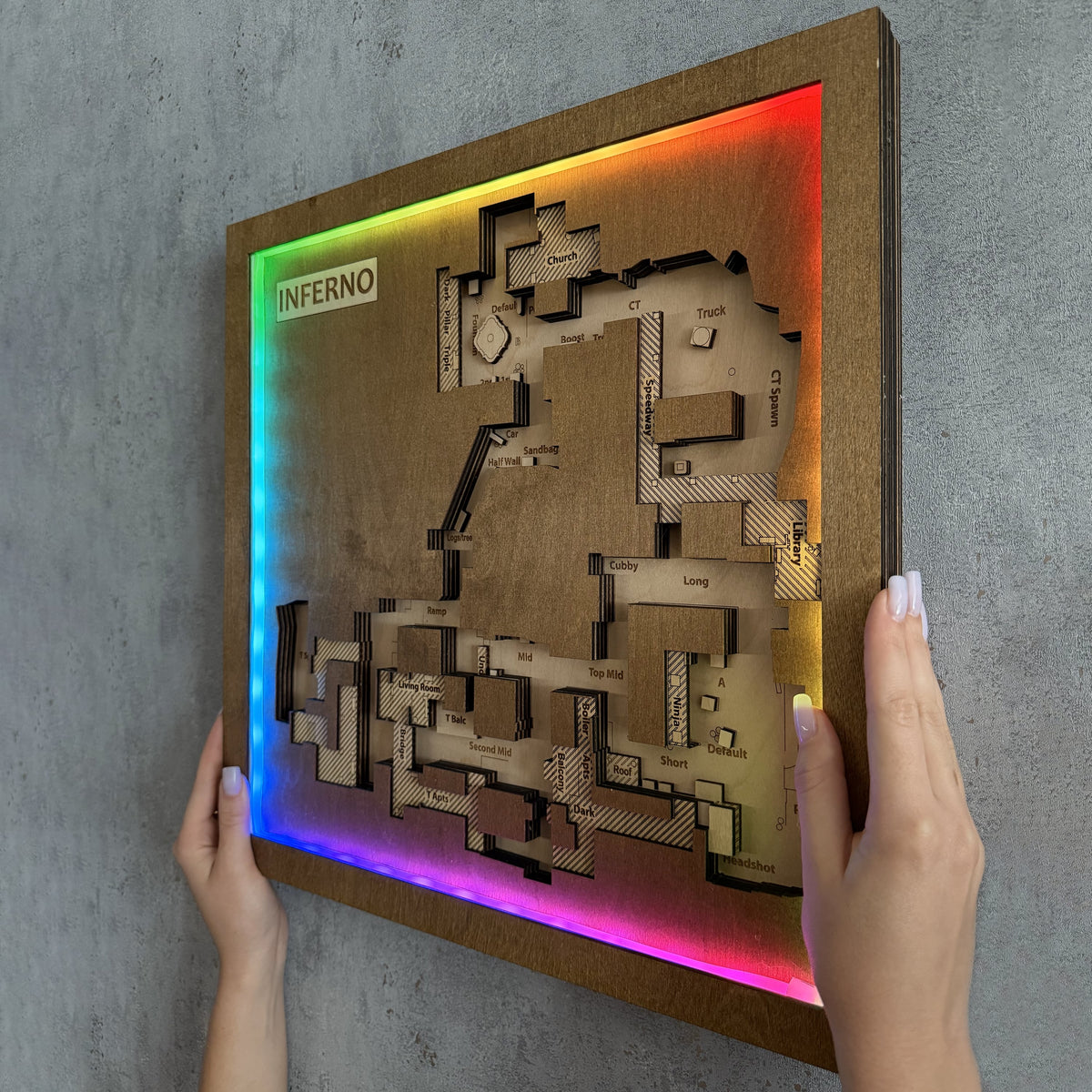 Counter-Strike 2 - Mapa 3D de madera "Inferno" para jugadores de CS2, Decoración para sala de juegos, Regalo para gamer
